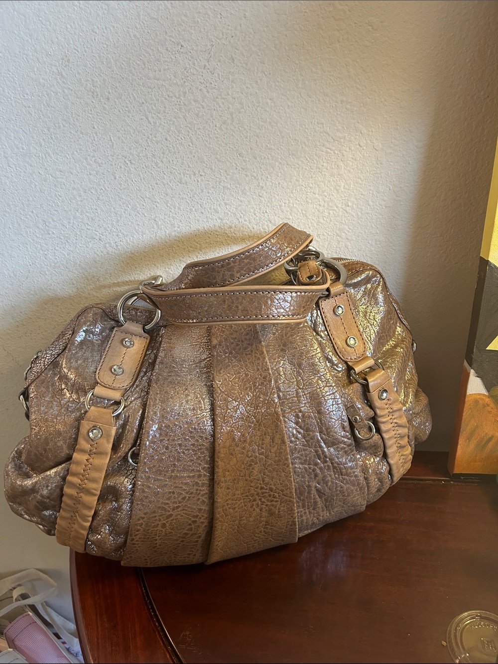 Charles David Shiny Taupe Shoulder Bag